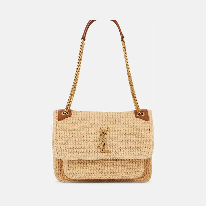 ysl saint laurent niki medium raffia woven chain shoulder bag